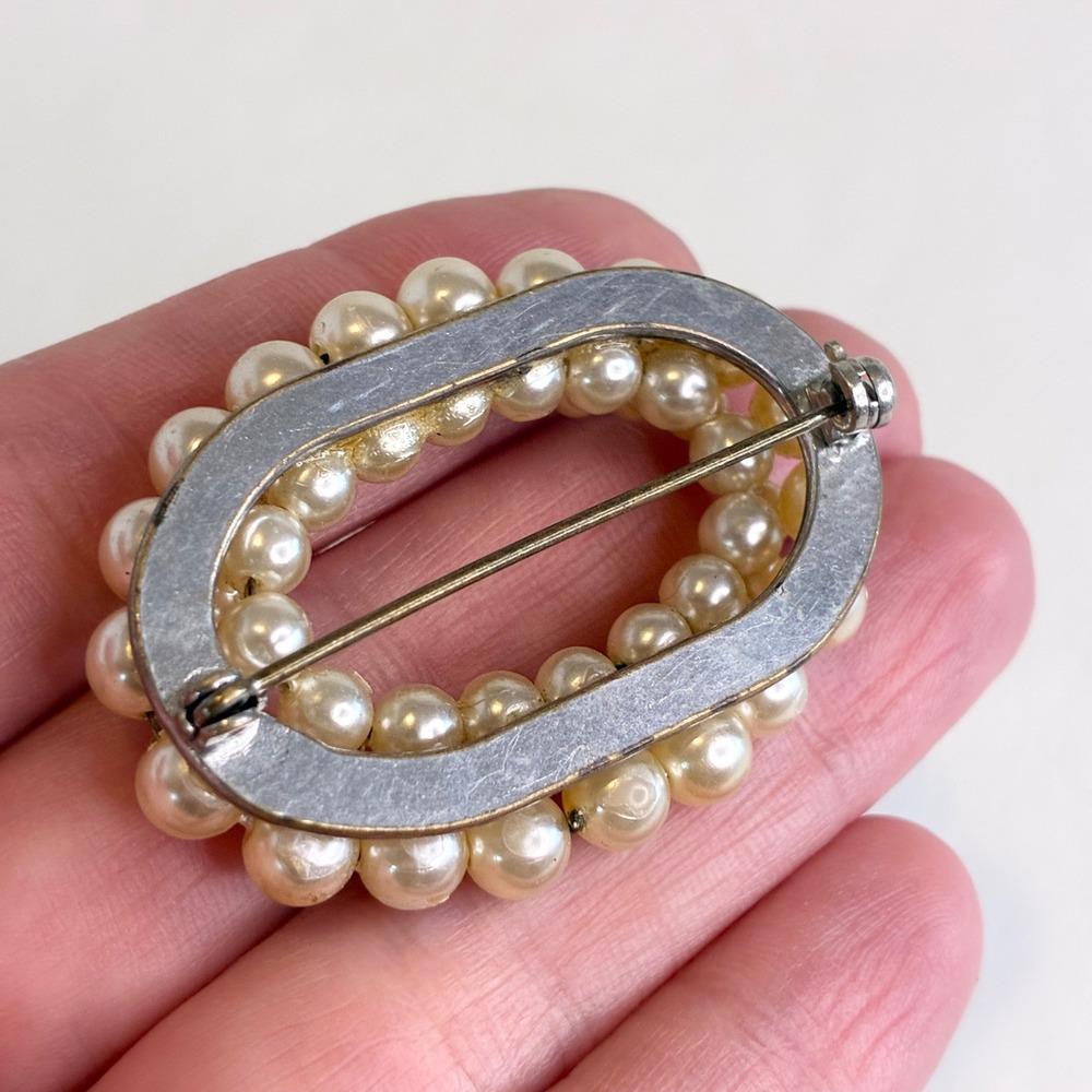 Vintage Faux Pearl Brooch Pin Set Gold Silver Tone Oval Rectangle 2pc Estate - Picture 11 of 13